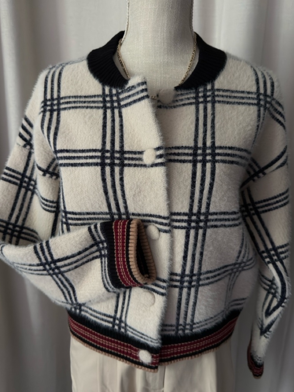 MNG Windowpane Knit Bomber Cardigan with Contrast Trim